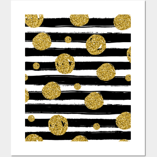 Glitter Chic Pattern 03 | Black Lines with gold polka dots Posters and Art